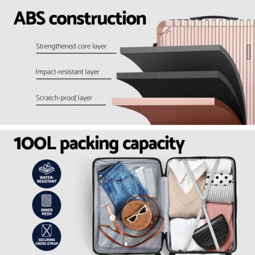 Wanderlite 28-inch Luggage Set with TSA Lock ABS Hard Shell Travel Suitcase Organiser Luggage Case Rose Gold - Image 4