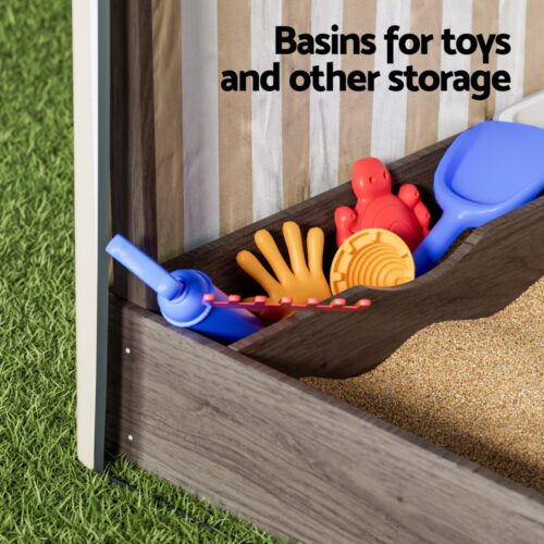 Keezi Kids Sandpit Wooden Sandbox Sand Pit with Canopy Window Water Basin 120cm - Image 5