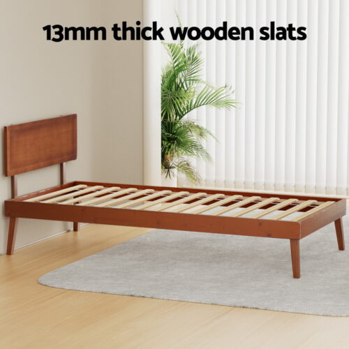 Artiss Bed Frame Single Size Wooden Bed Base Walnut SPLAY - Image 5