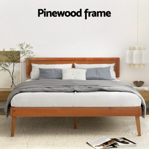 Artiss Bed Frame Queen Size Wooden Bed Base Walnut SPLAY - Image 4