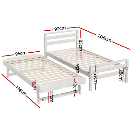Artiss Bed Frame Single Size 2-in-1 Trundle Wooden White AVIS - Image 2