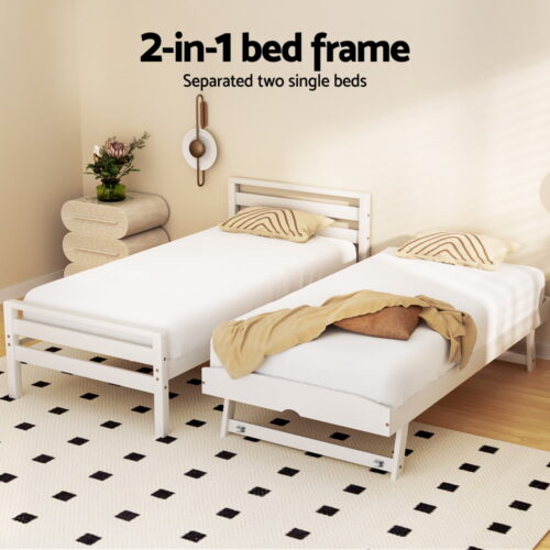 Artiss Bed Frame Single Size 2-in-1 Trundle Wooden White AVIS - Image 4