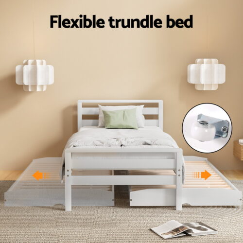 Artiss Bed Frame Single Size 2-in-1 Trundle Wooden White AVIS - Image 5