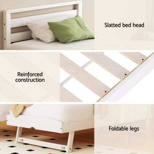 Artiss Bed Frame Single Size 2-in-1 Trundle Wooden White AVIS - Image 6