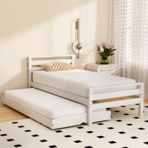 Artiss Bed Frame Single Size 2-in-1 Trundle Wooden White AVIS - Image 7