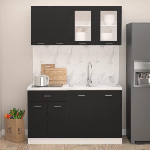 4-Piece Kitchen Cabinet Set Black Engineered Wood - Image 2