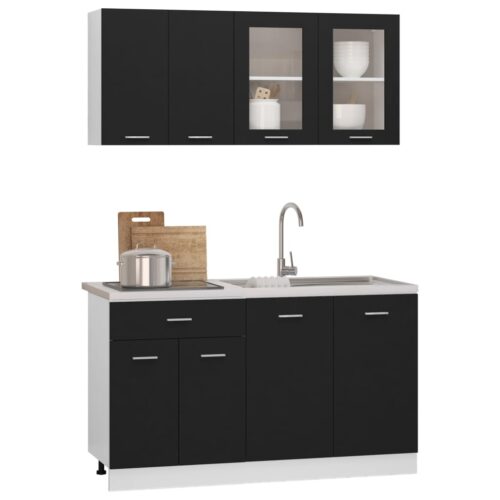 4-Piece Kitchen Cabinet Set Black Engineered Wood - Image 4