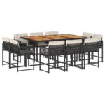 11-Piece Garden Dining Set with Cushions Black Poly Rattan Wicker Outdoor Patio Furniture