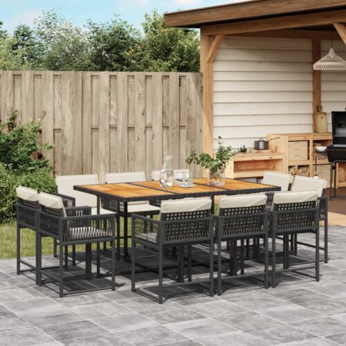 11-Piece Garden Dining Set with Cushions Black Poly Rattan Wicker Outdoor Patio Furniture - Image 2