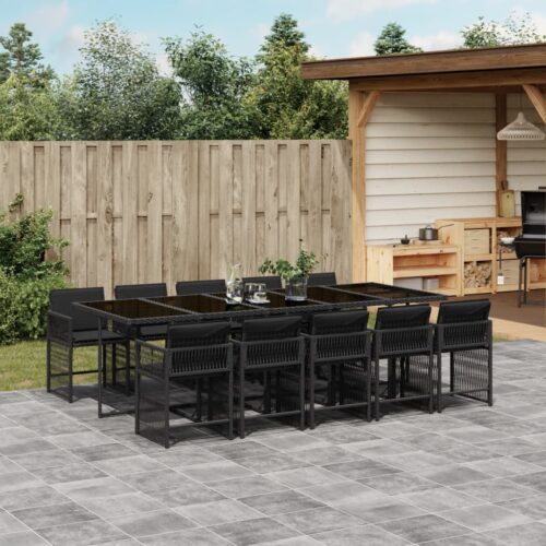 11-Piece Garden Dining Set with Cushions Black Poly Rattan Wicker Outdoor Patio Furniture - Image 2