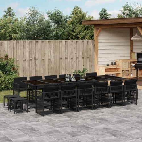 17-Piece Garden Dining Set with Cushions Black Poly Rattan Wicker Outdoor Patio Furniture - Image 2