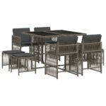 9-Piece Garden Dining Set with Cushions Grey Poly Rattan Wicker Outdoor Patio Furniture