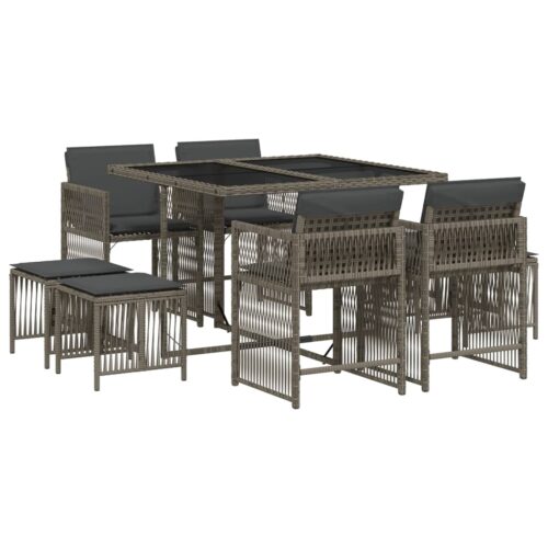 9-Piece Garden Dining Set with Cushions Grey Poly Rattan Wicker Outdoor Patio Furniture