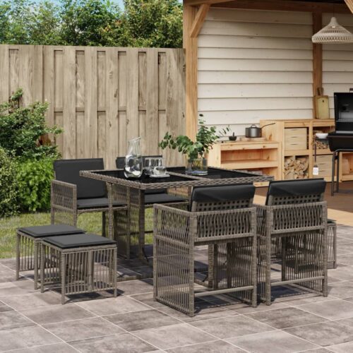 9-Piece Garden Dining Set with Cushions Grey Poly Rattan Wicker Outdoor Patio Furniture - Image 2