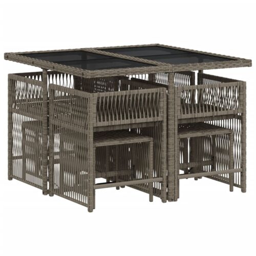 9-Piece Garden Dining Set with Cushions Grey Poly Rattan Wicker Outdoor Patio Furniture - Image 3