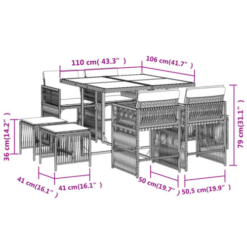 9-Piece Garden Dining Set with Cushions Grey Poly Rattan Wicker Outdoor Patio Furniture - Image 6