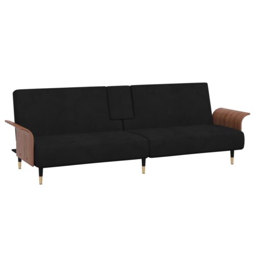 Sofa Bed with Cup Holders Black Velvet - Image 2