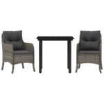3-Piece Garden Dining Set with Cushions Grey Poly Rattan Wicker Outdoor Patio Furniture