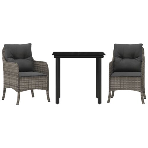3-Piece Garden Dining Set with Cushions Grey Poly Rattan Wicker Outdoor Patio Furniture