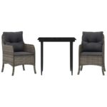 3-Piece Garden Dining Set with Cushions Grey Poly Rattan Wicker Outdoor Patio Furniture