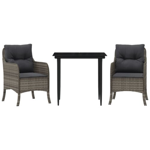 3-Piece Garden Dining Set with Cushions Grey Poly Rattan Wicker Outdoor Patio Furniture