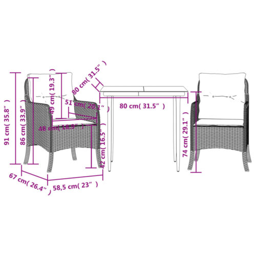 3-Piece Garden Dining Set with Cushions Grey Poly Rattan Wicker Outdoor Patio Furniture - Image 7