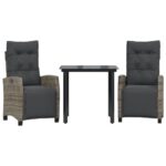 3-Piece Garden Dining Set with Cushions Grey Poly Rattan