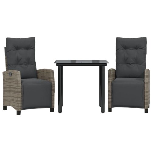 3-Piece Garden Dining Set with Cushions Grey Poly Rattan