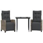 3-Piece Garden Dining Set with Cushions Grey Poly Rattan