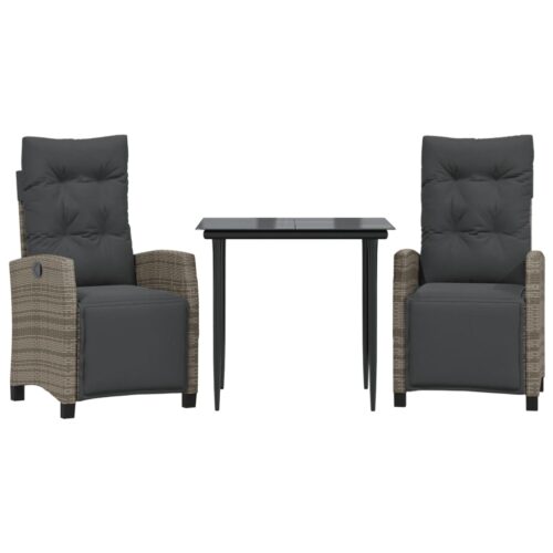 3-Piece Garden Dining Set with Cushions Grey Poly Rattan