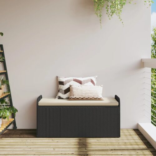 Storage Bench with Cushion Black 115x51x52cm Poly Rattan - Image 3