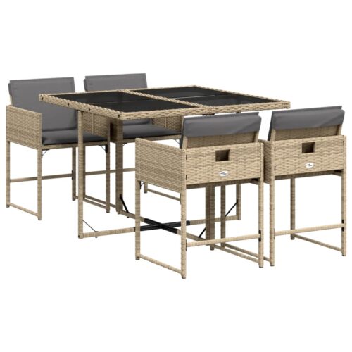 5-Piece Garden Dining Set with Cushions Mix Beige Poly Rattan Wicker Outdoor Patio Furniture
