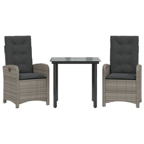 3-Piece Garden Dining Set with Cushions Grey Poly Rattan Wicker Outdoor Patio Furniture