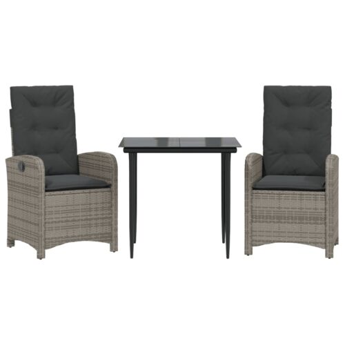 3-Piece Garden Dining Set with Cushions Grey Poly Rattan Wicker Outdoor Patio Furniture