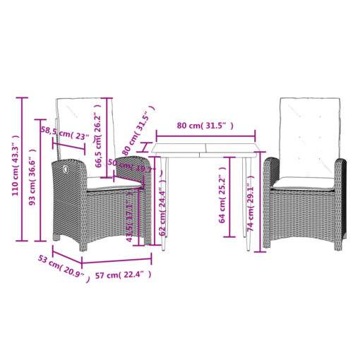 3-Piece Garden Dining Set with Cushions Grey Poly Rattan Wicker Outdoor Patio Furniture - Image 9