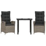 3-Piece Garden Dining Set with Cushions Grey Poly Rattan Wicker Outdoor Patio Furniture