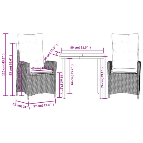 3-Piece Garden Dining Set with Cushions Grey Poly Rattan Wicker Outdoor Patio Furniture - Image 9