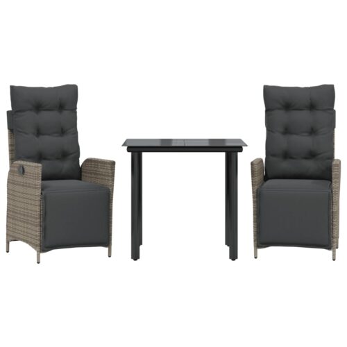 3-Piece Garden Dining Set with Cushions Grey Poly Rattan Wicker Outdoor Patio Furniture