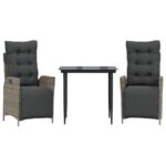 3-Piece Garden Dining Set with Cushions Grey Poly Rattan Wicker Outdoor Patio Furniture