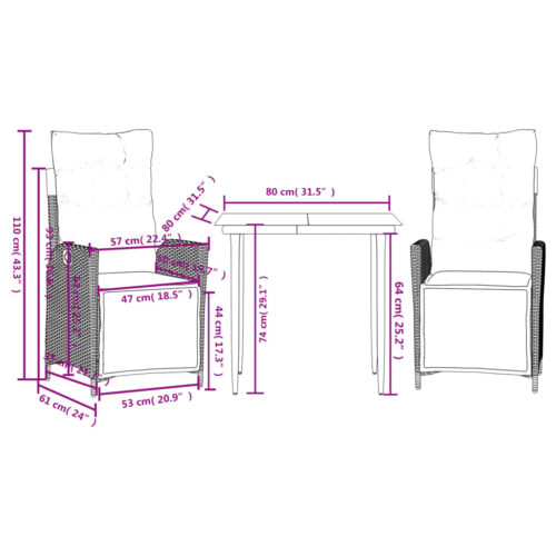3-Piece Garden Dining Set with Cushions Grey Poly Rattan Wicker Outdoor Patio Furniture - Image 9