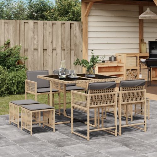 9-Piece Garden Dining Set with Cushions Mix Beige Poly Rattan Wicker Outdoor Patio Furniture - Image 7