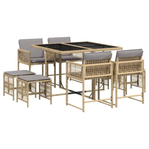 9-Piece Garden Dining Set with Cushions Mix Beige Poly Rattan Wicker Outdoor Patio Furniture