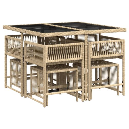 9-Piece Garden Dining Set with Cushions Mix Beige Poly Rattan Wicker Outdoor Patio Furniture - Image 3