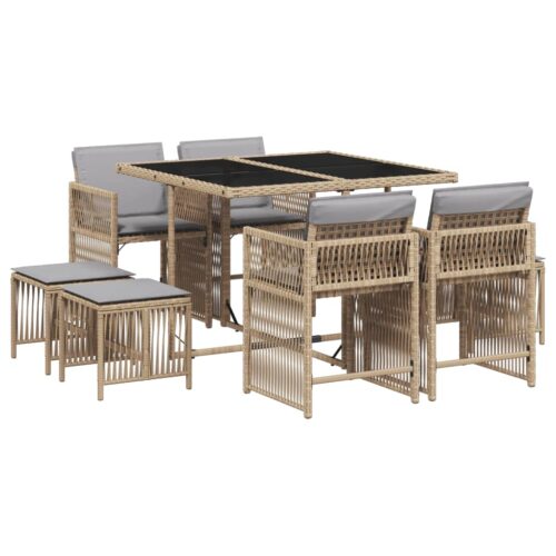 9-Piece Garden Dining Set with Cushions Mix Beige Poly Rattan Wicker Outdoor Patio Furniture