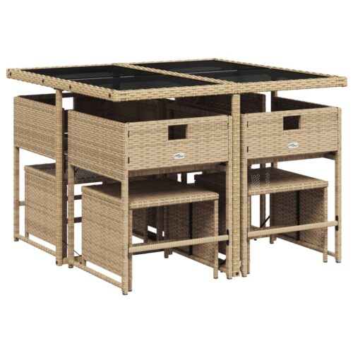 9-Piece Garden Dining Set with Cushions Mix Beige Poly Rattan Wicker Outdoor Patio Furniture - Image 3