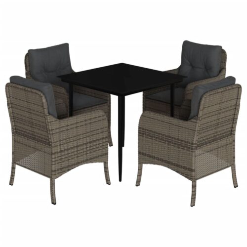 5-Piece Garden Dining Set with Cushions Grey Poly Rattan