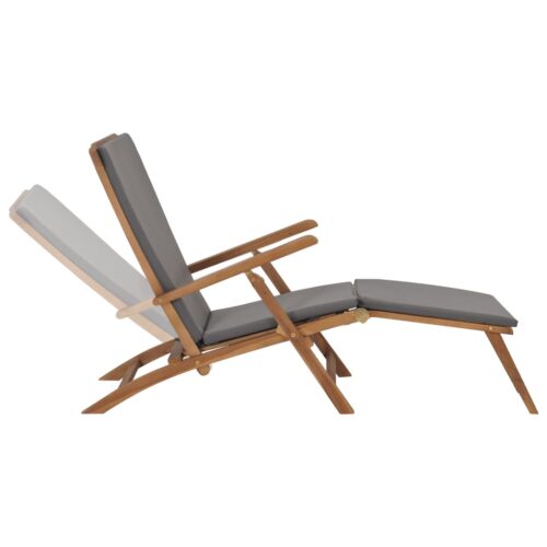 Deck Chair with Cushion Dark Grey Solid Teak Wood - Image 2