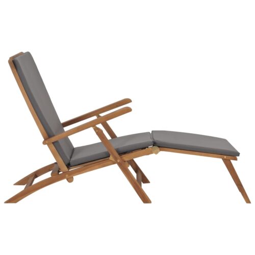 Deck Chair with Cushion Dark Grey Solid Teak Wood - Image 3