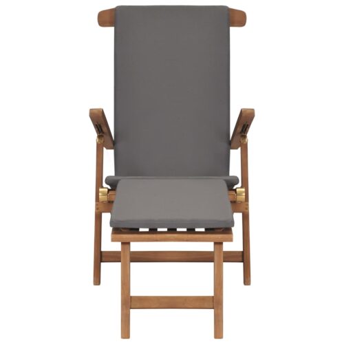 Deck Chair with Cushion Dark Grey Solid Teak Wood - Image 4