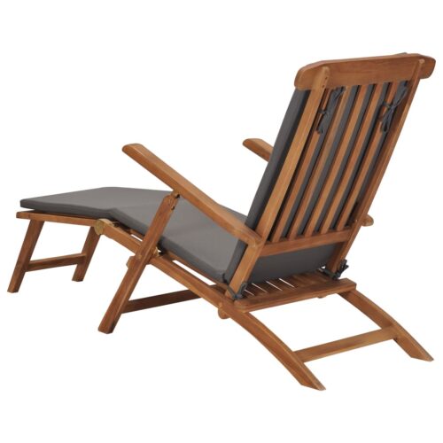 Deck Chair with Cushion Dark Grey Solid Teak Wood - Image 5